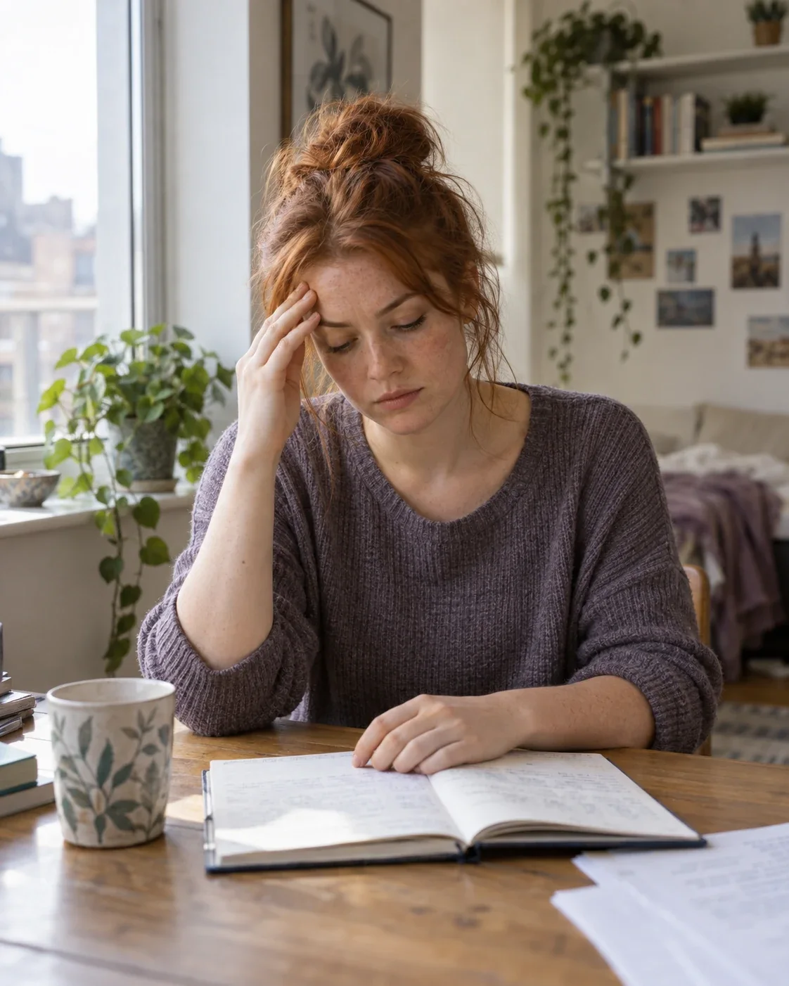 A young adult red-haired woman pauses over her notebook with a hand at her temple.