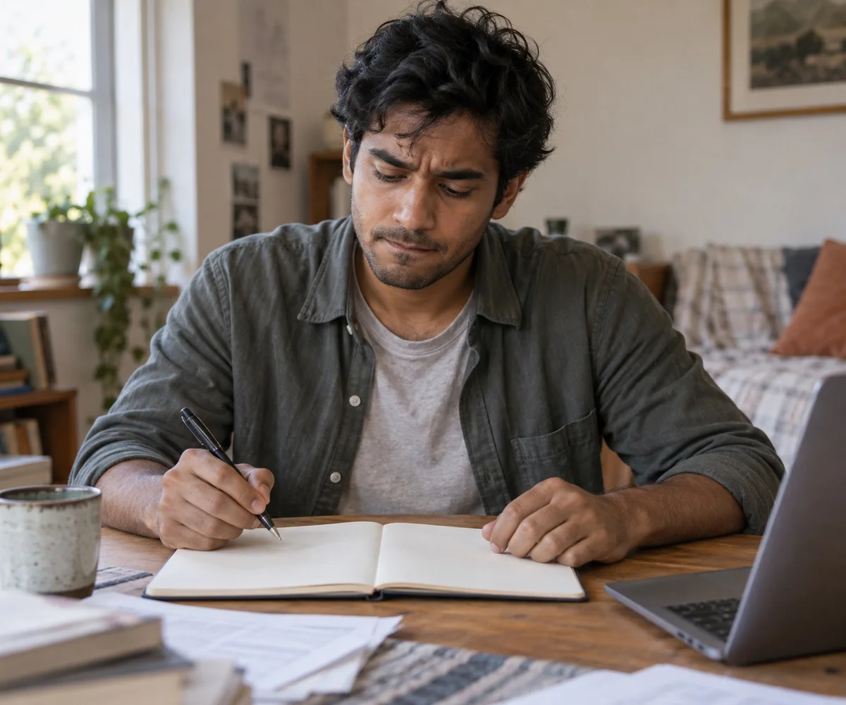 A man with furrowed brows holds a pen above a blank notebook, his other hand resting on the page.